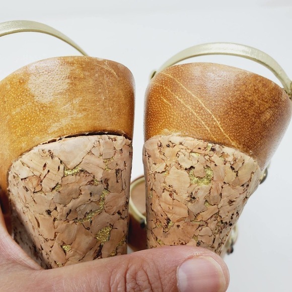 Jessica Simpson Cork  Foil Leather Straps Wooden Retro Wedges Sz 9B - Picture 9 of 10